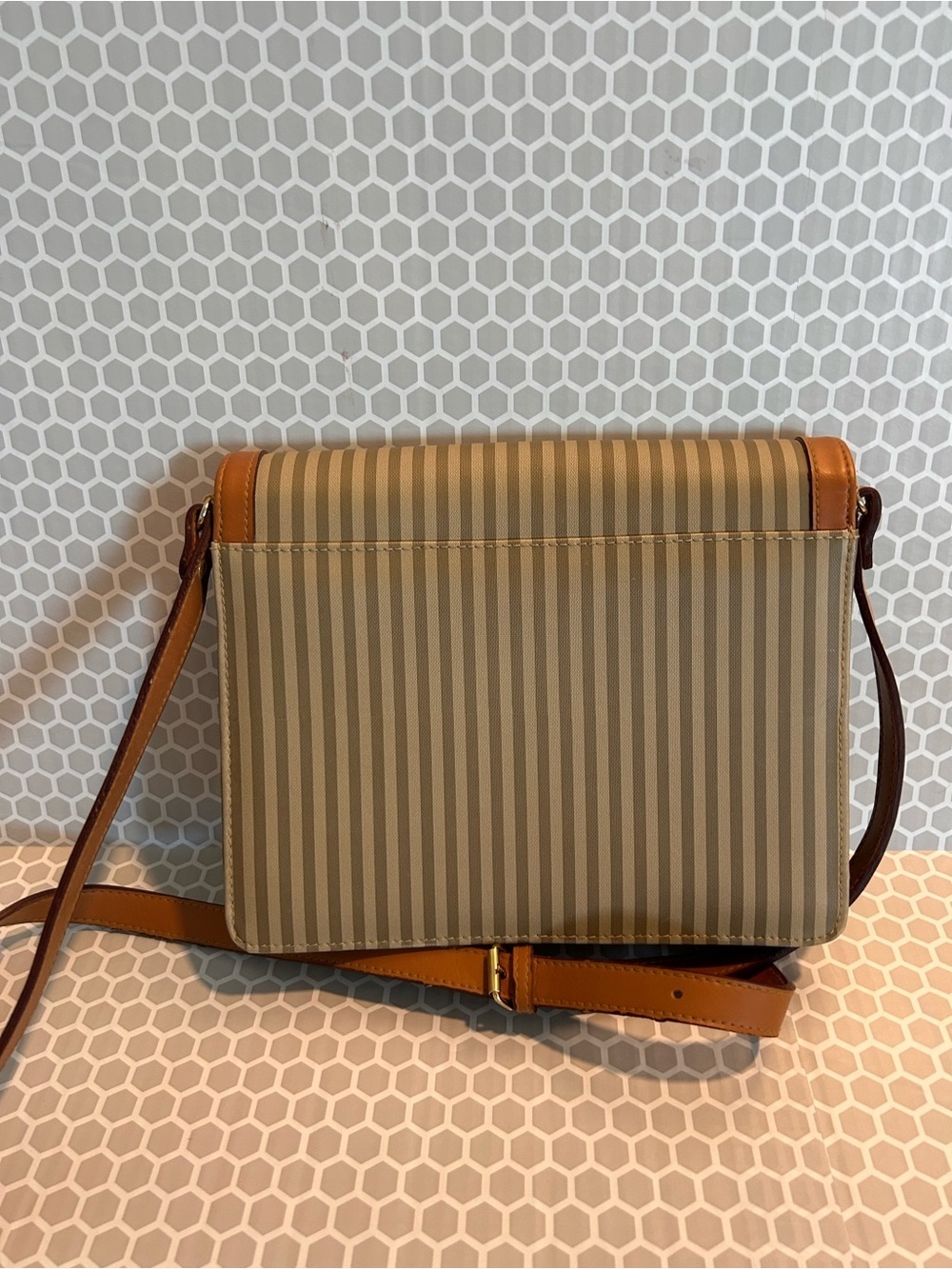 Lorenzo Tan Stripe Crossbody Bag with Leather Trim - Picture 2 of 7